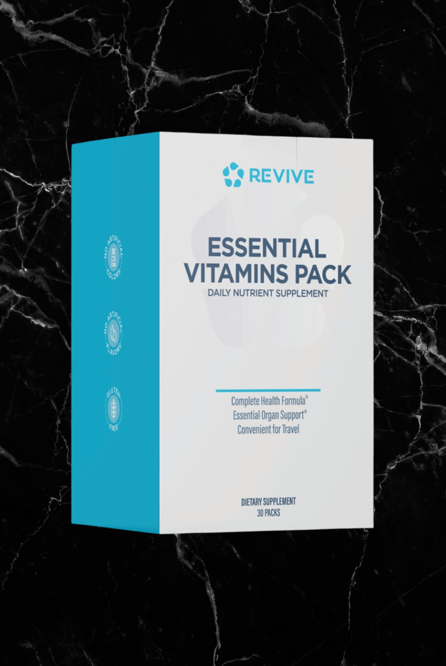 Revive Vitamin Pack - Daily Supplement box with 30 packs for immune and heart health, shown on a black marble background.