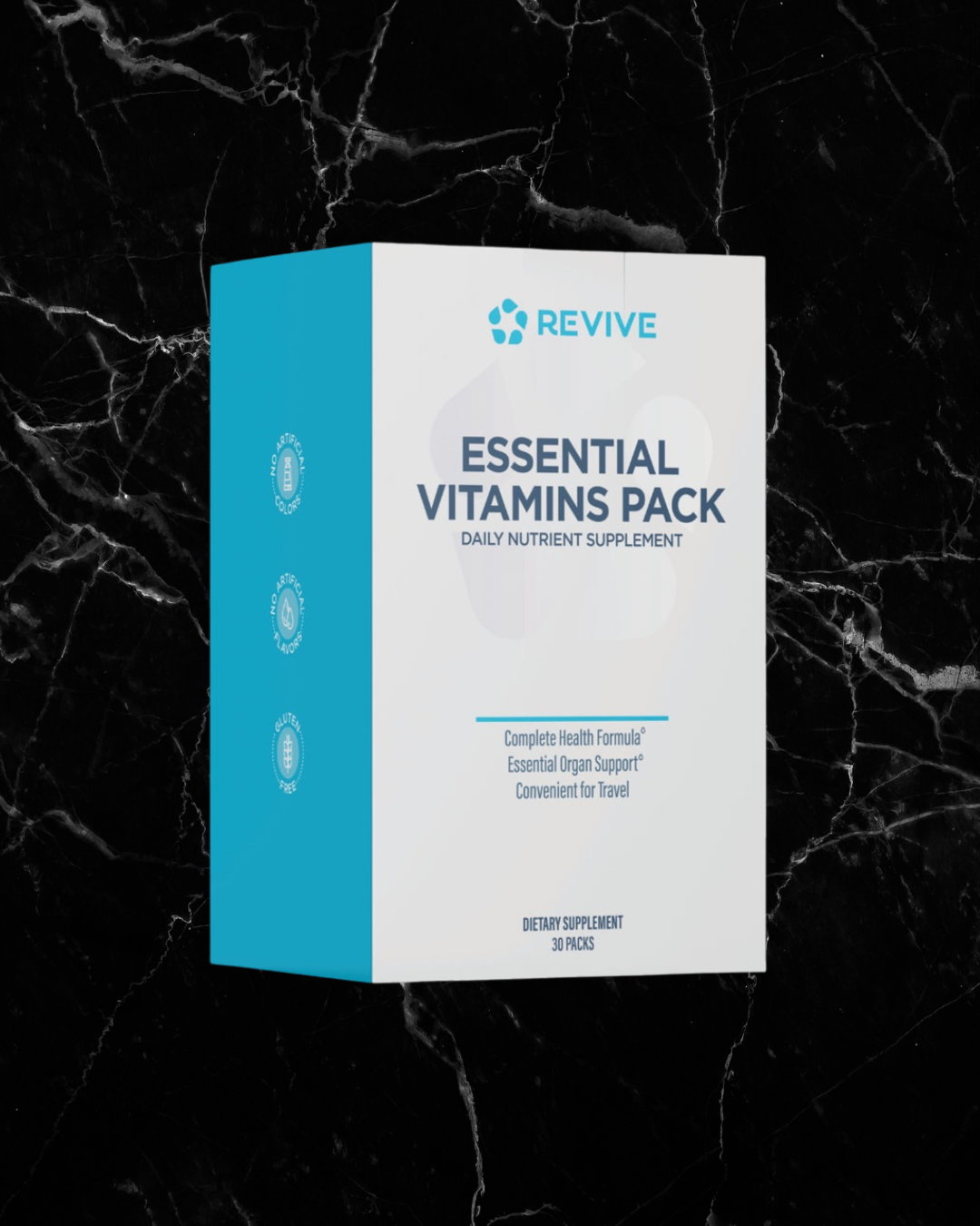 Revive Vitamin Pack - Daily Supplement box with 30 packs for immune and heart health, shown on a black marble background.