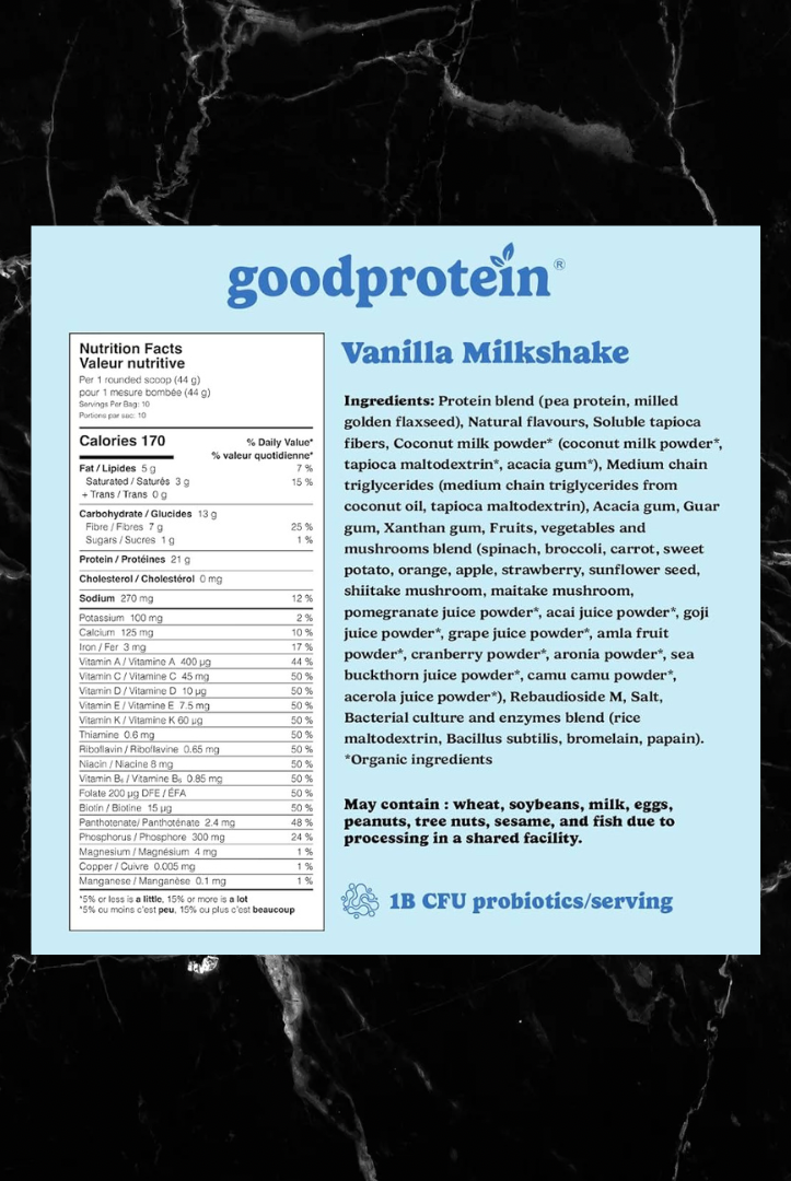 Vanilla Milkshake flavor nutrition label and ingredients of goodprotein Plant Blend, listing plant-based protein sources and superfoods.