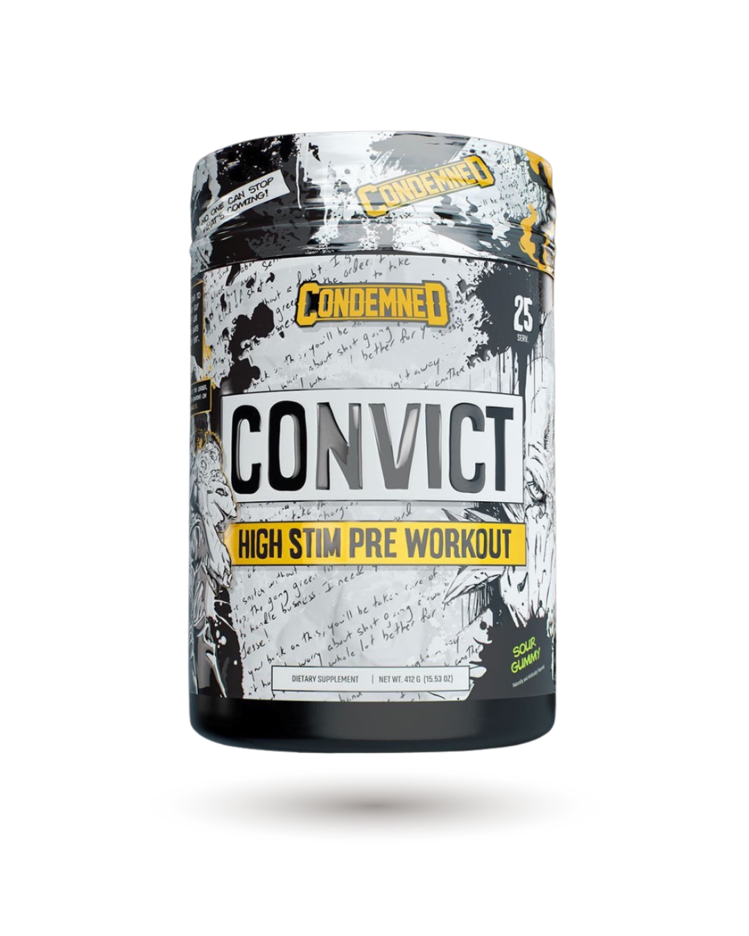 Sour Gummy Condemned Convict Pre-Workout, high stim supplement for enhanced endurance, motivation, and workout intensity.