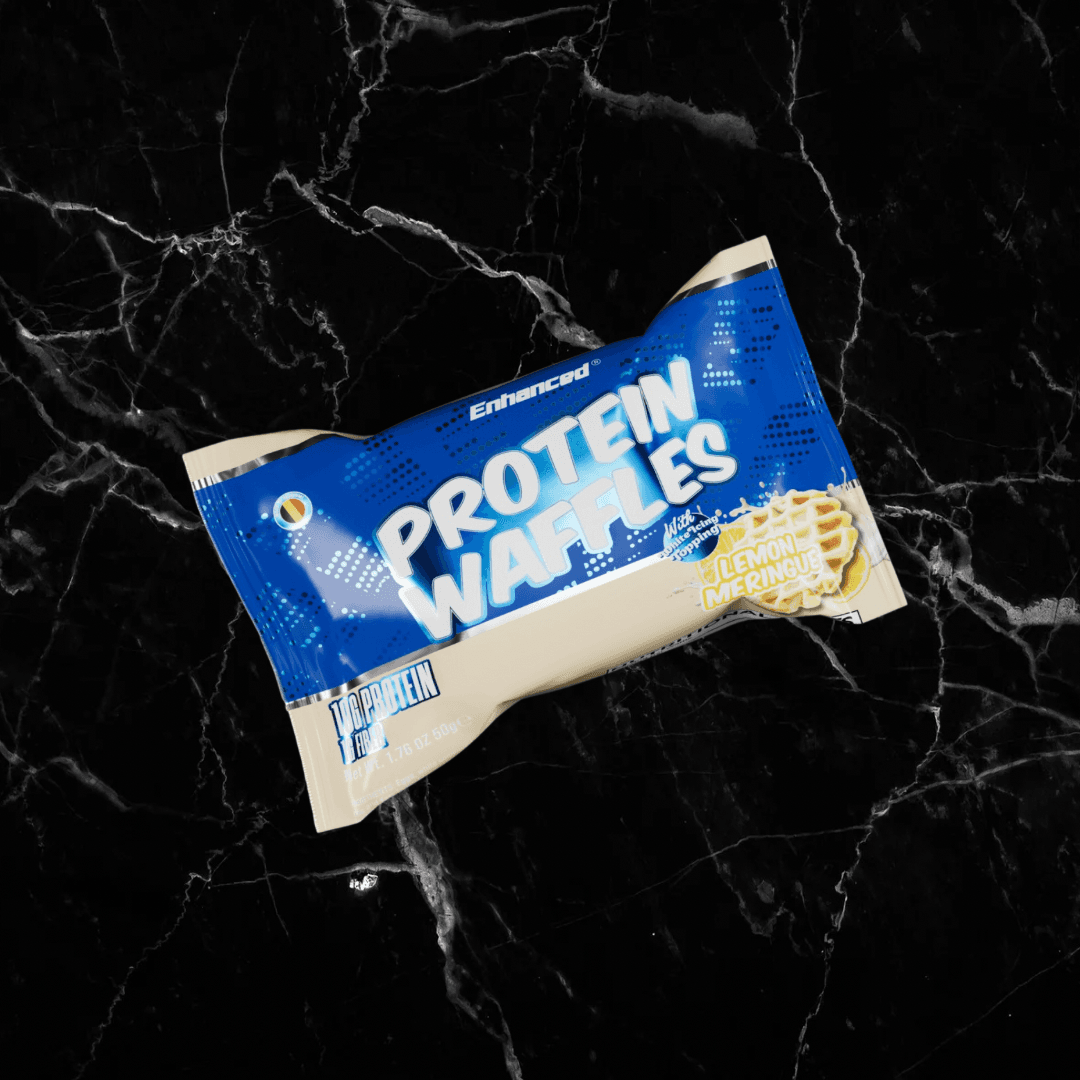 Enhanced Protein Waffles Lemon Meringue flavor in blue packaging, high protein snack with 11g protein per serving.