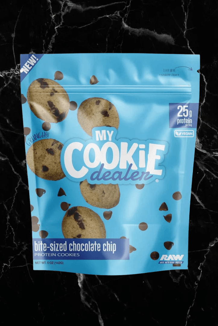 Bite-Sized Protein Cookies - My Cookie Dealer chocolate chip flavor in a 5 oz resealable bag with 25g protein. Ideal protein snack for fitness lovers.