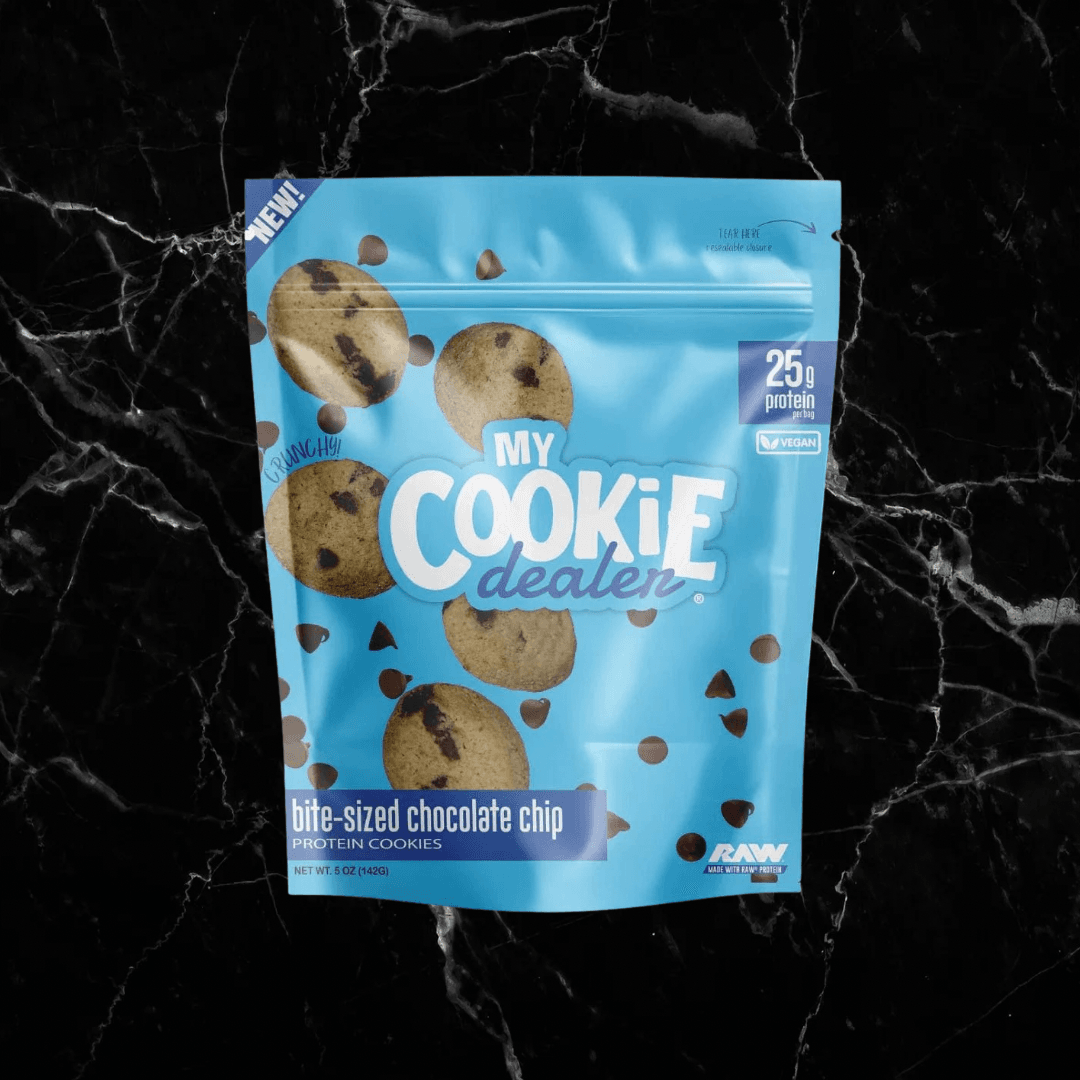Bite-Sized Protein Cookies - My Cookie Dealer chocolate chip flavor in a 5 oz resealable bag with 25g protein. Ideal protein snack for fitness lovers.