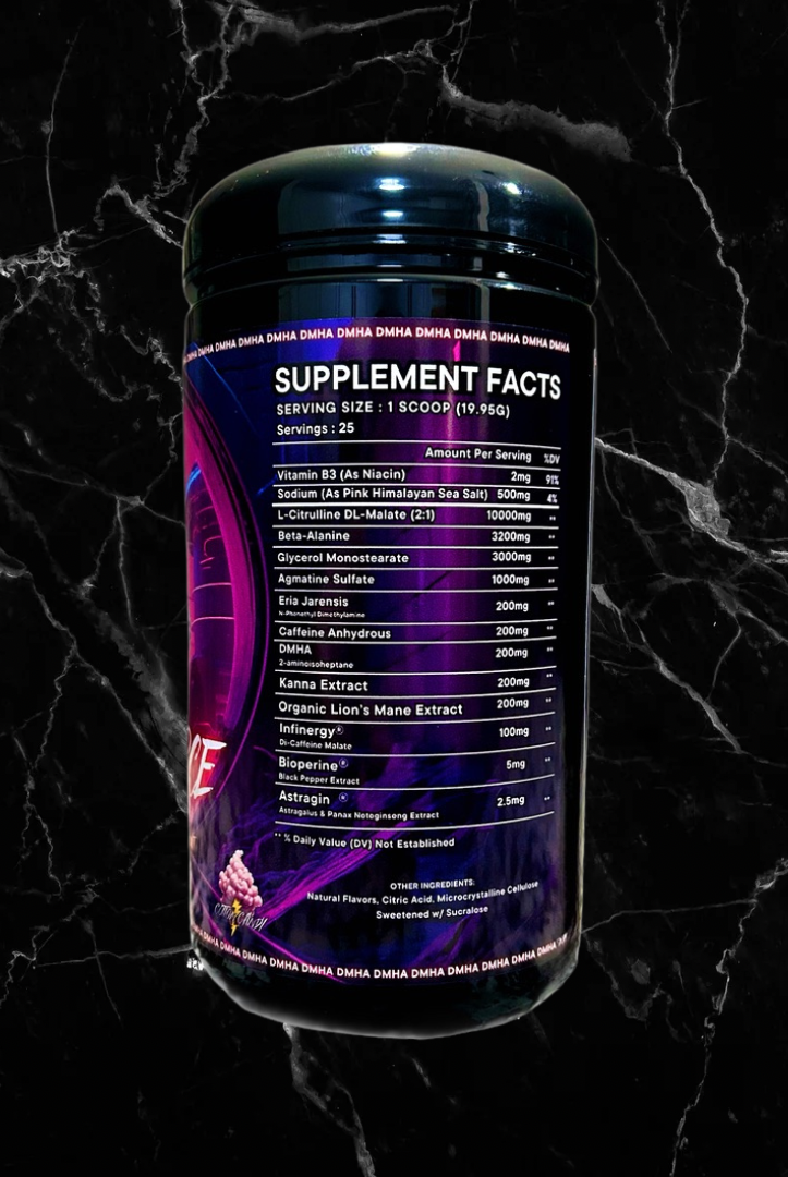 Supplement facts label of MindBender Speed Force Extreme Pre-Workout showing ingredients like L-Citrulline, Beta Alanine, and Kanna Extract for performance.