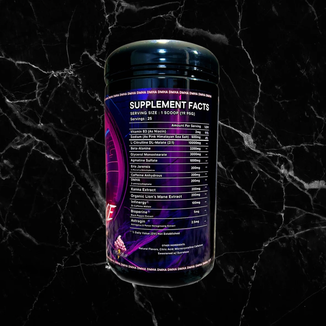 Supplement facts label of MindBender Speed Force Extreme Pre-Workout showing ingredients like L-Citrulline, Beta Alanine, and Kanna Extract for performance.