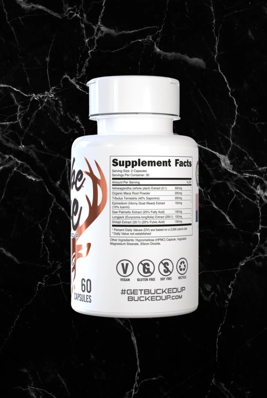 Back view of Babe Love by BUCKED UP supplement bottle showing supplement facts and icons for vegan, gluten-free, and non-GMO.