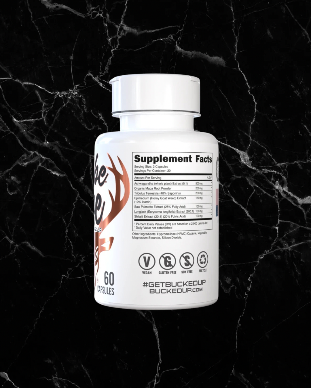 Back view of Babe Love by BUCKED UP supplement bottle showing supplement facts and icons for vegan, gluten-free, and non-GMO.