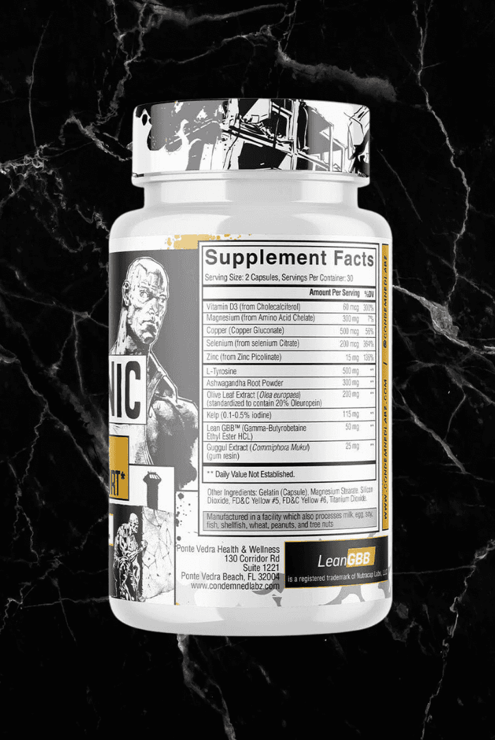Back view of Condemned Thyrogenic supplement showing detailed Supplement Facts panel with ingredients for thyroid and metabolism support.