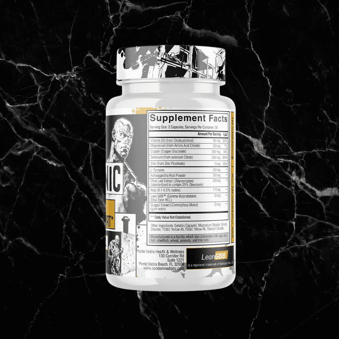 Back view of Condemned Thyrogenic supplement showing detailed Supplement Facts panel with ingredients for thyroid and metabolism support.