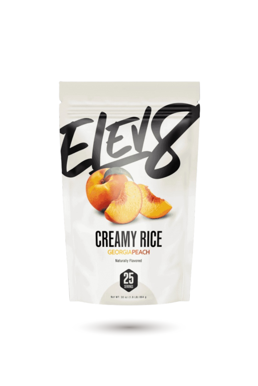 ELEV8 Creamy Rice Snack Georgia Peach flavor in resealable pouch. Nutritious energy boost for fitness and clean eating lifestyles.