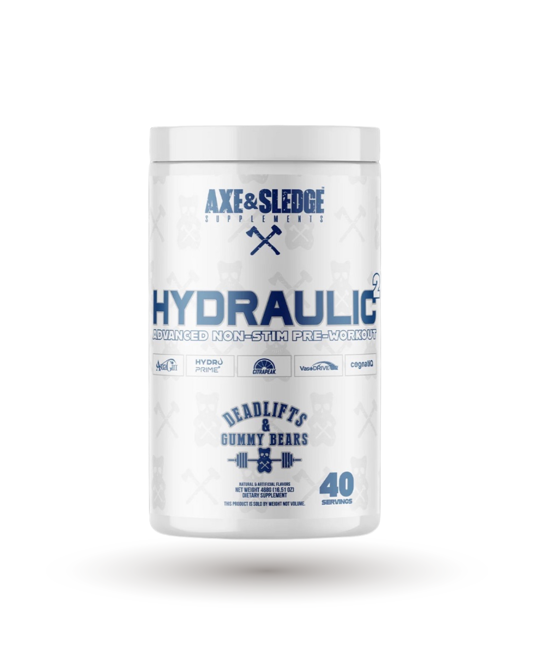 Axe Sledge Hydraulic V2 Deadlifts & Gummy Bears non-stim pre-workout featuring VasoDrive-AP and Cognatiq for pump and focus support.