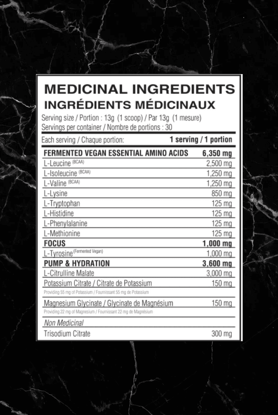 Supplement facts label of Believe Supplements EAA Cotton Candy showing amino acid profile, hydration blend, and focus ingredients per serving.