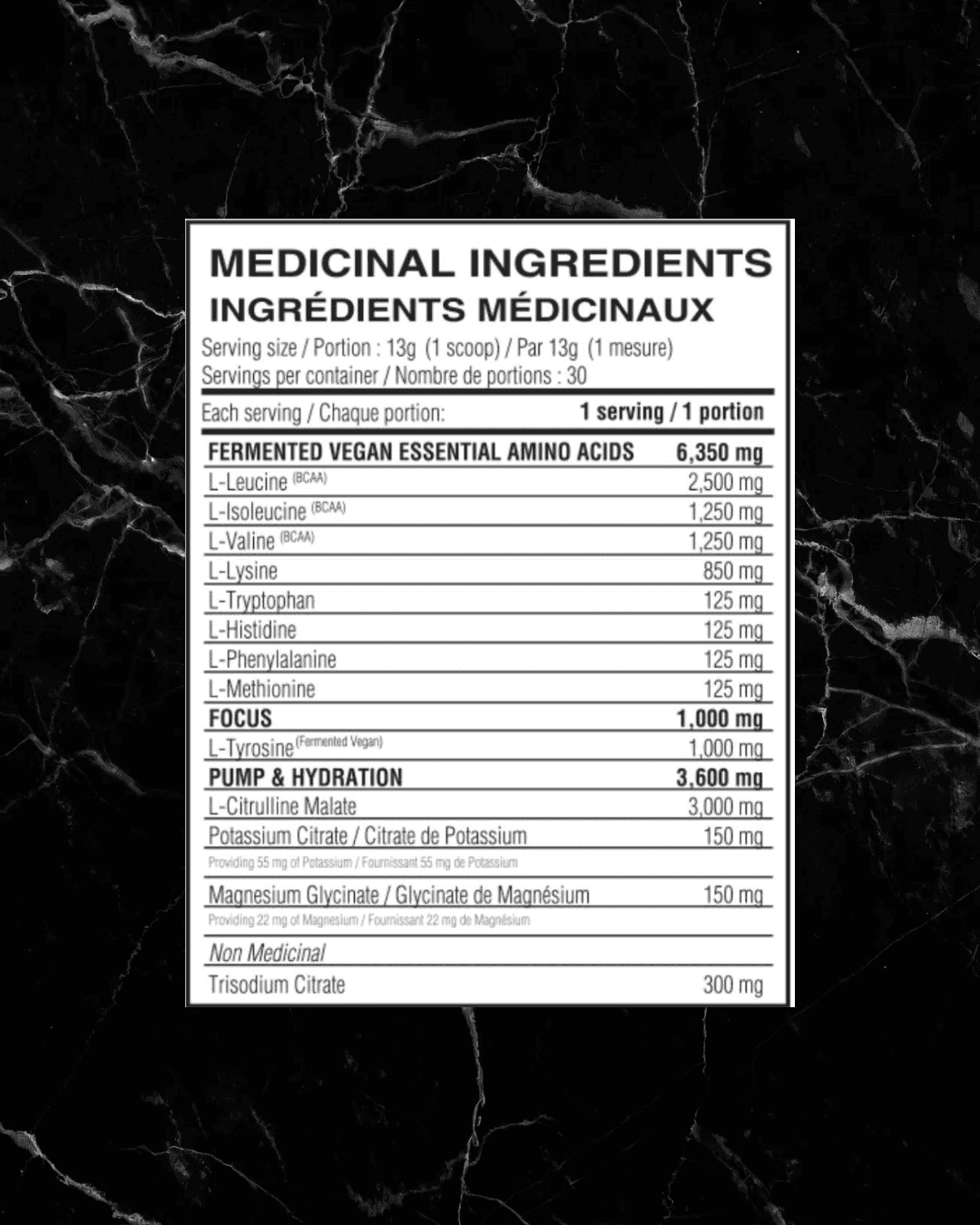 Supplement facts label of Believe Supplements EAA Cotton Candy showing amino acid profile, hydration blend, and focus ingredients per serving.