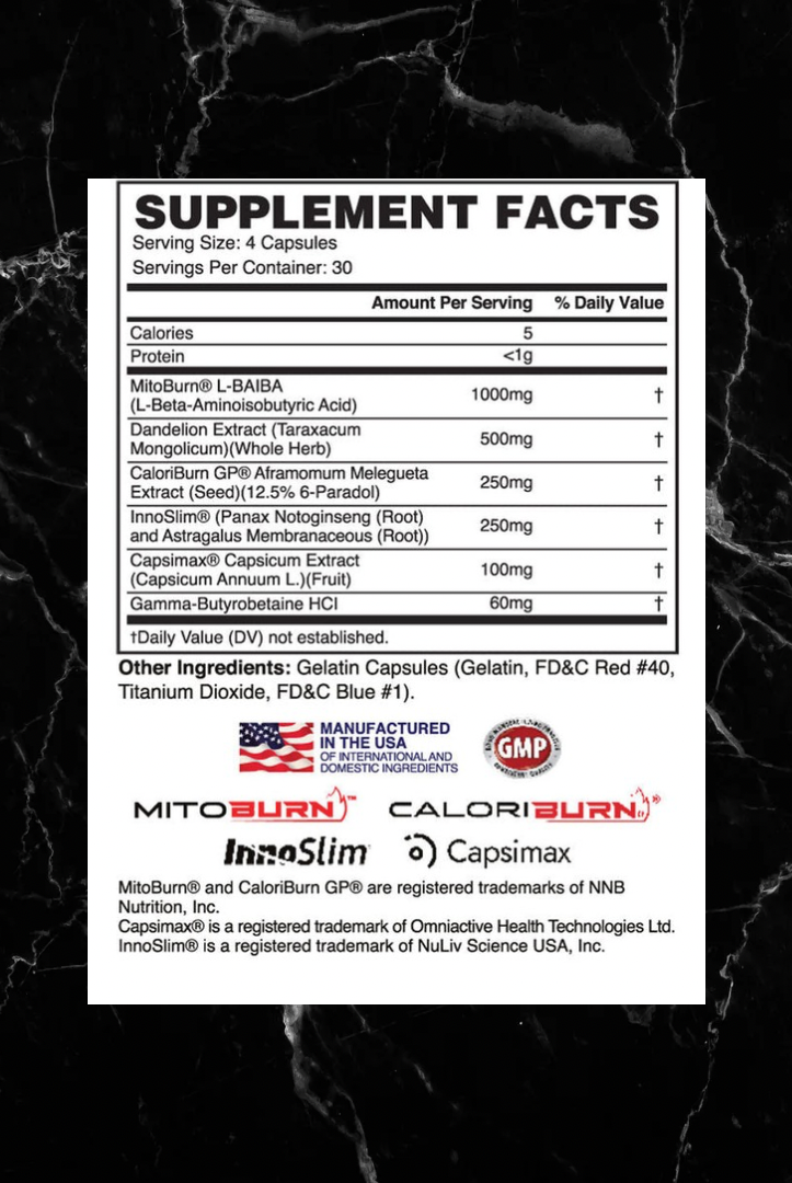 Supplement facts label of Apollon MOLOTOV showing ingredients like MitoBurn, CaloriBurn, and InnoSlim for stimulant-free fat burning and energy boost.