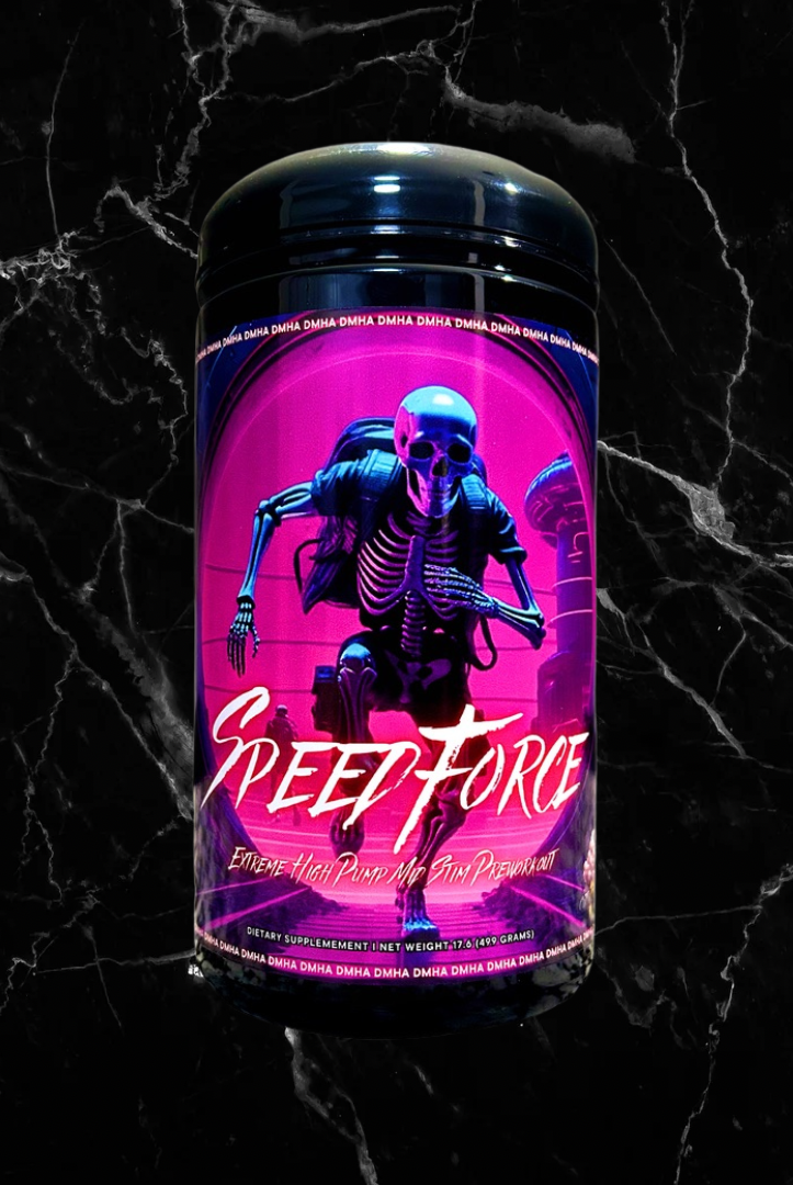 MindBender Speed Force Extreme Pre-Workout in Cotton Candy flavor with neon skeleton artwork, designed for high pump and mid stim energy boosts.