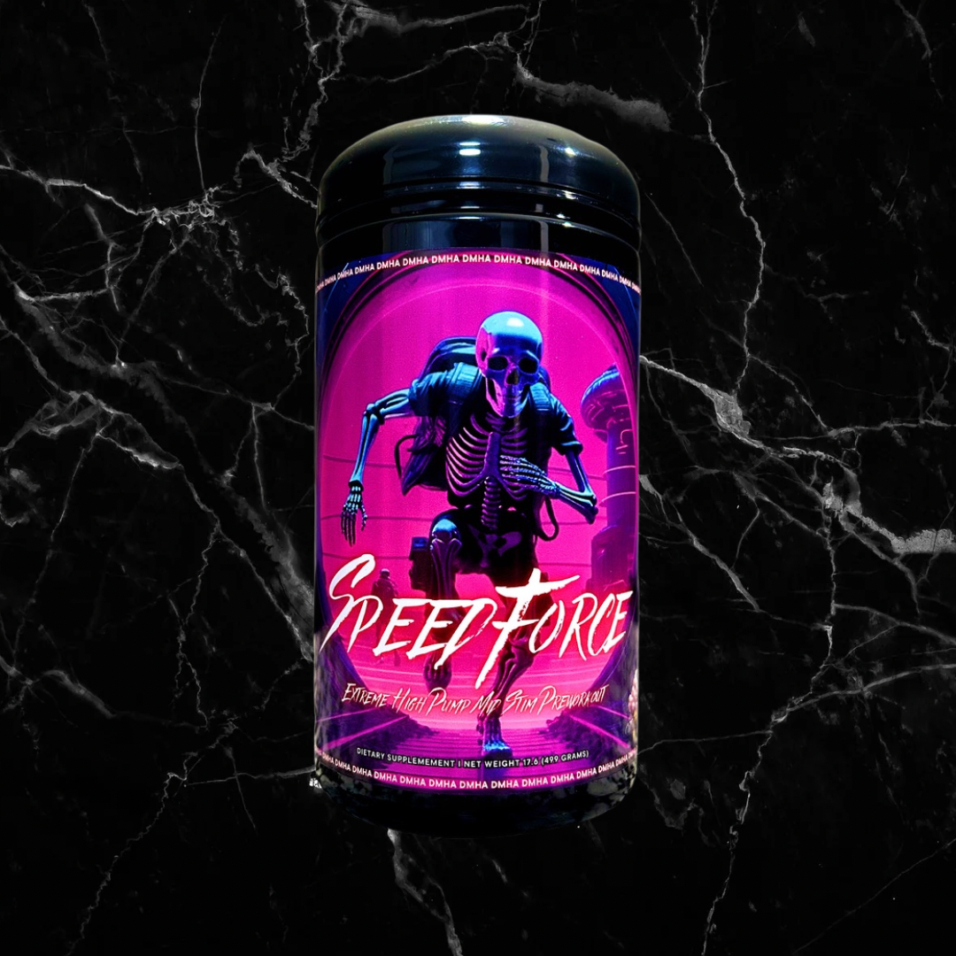 MindBender Speed Force Extreme Pre-Workout in Cotton Candy flavor with neon skeleton artwork, designed for high pump and mid stim energy boosts.