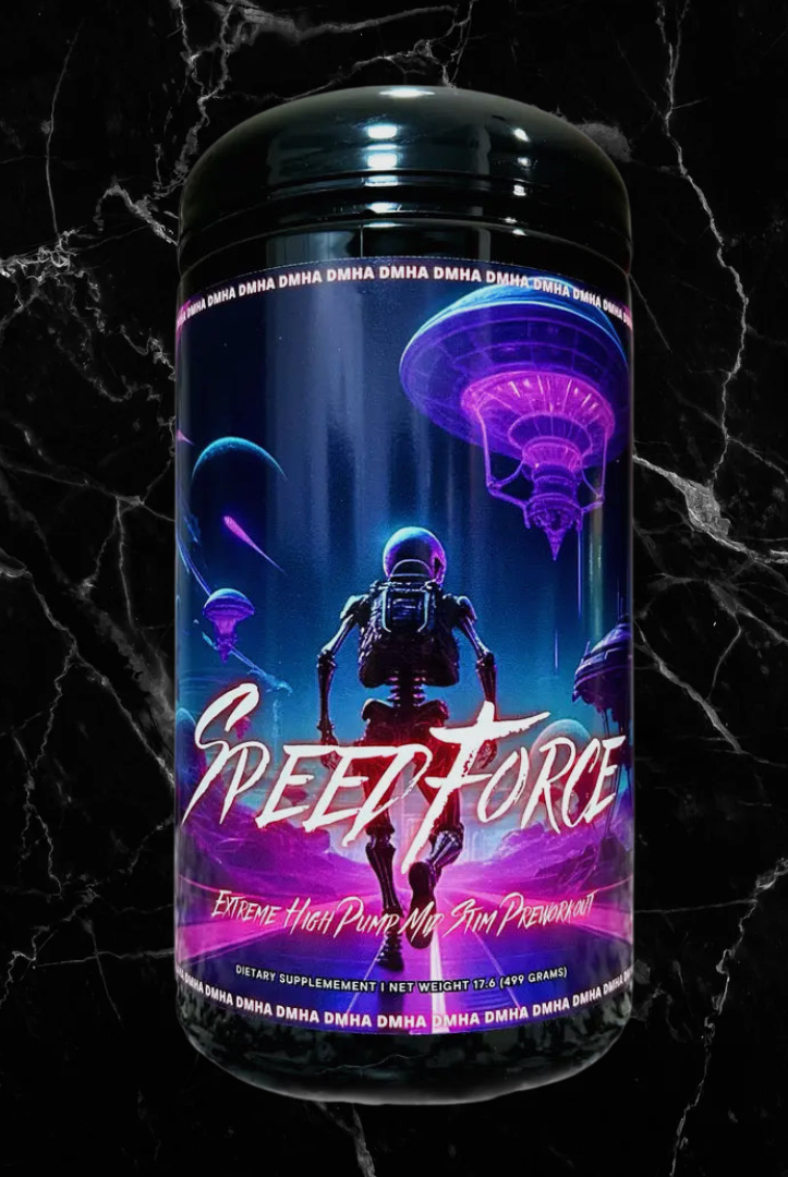 MindBender Speed Force Extreme Pre-Workout in Peach Lemonade flavor featuring astronaut and UFO design, ideal for nootropic focus and intense workouts.