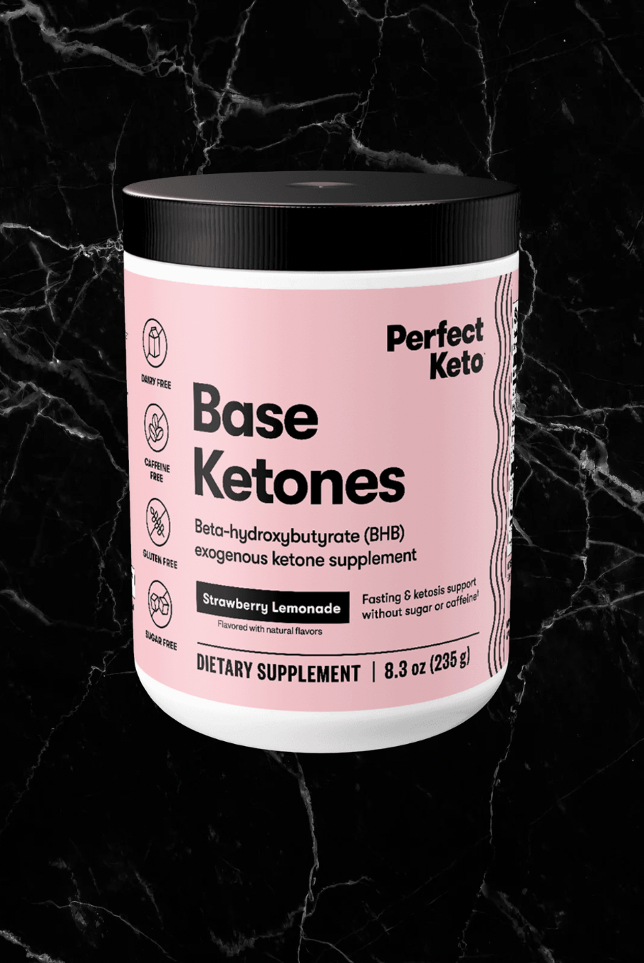 Strawberry Lemonade Perfect Keto Base Ketones BHB drink mix, supports mental clarity and energy without caffeine or sugar.