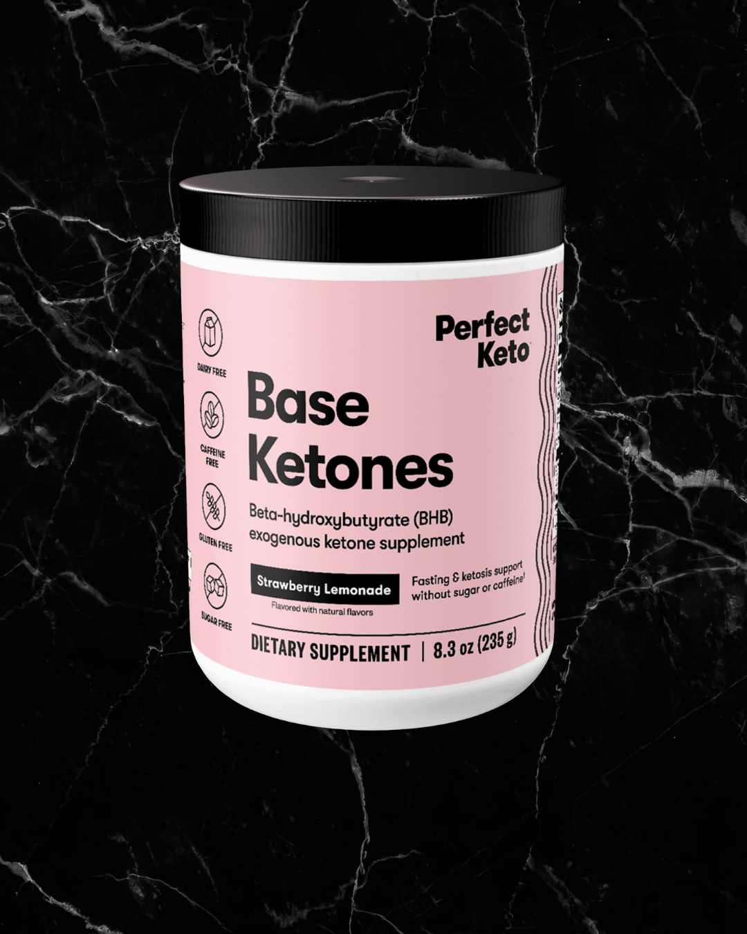Strawberry Lemonade Perfect Keto Base Ketones BHB drink mix, supports mental clarity and energy without caffeine or sugar.