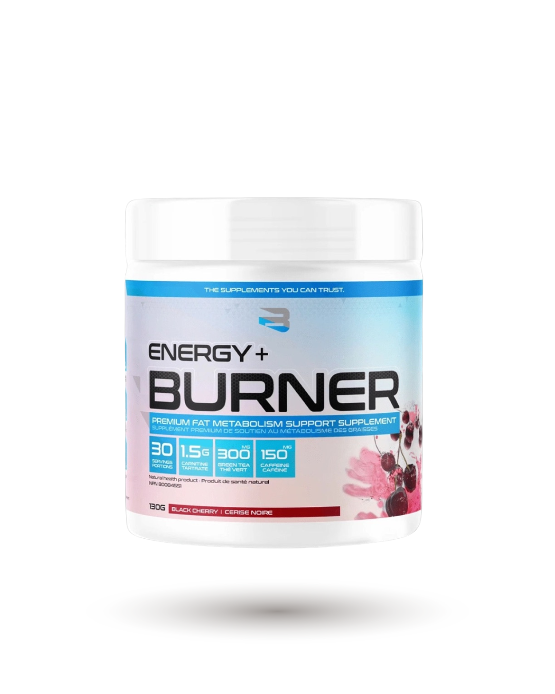Believe Supplements Energy Black Cherry Essentials in 130g container, premium thermogenic support for metabolism and energy. Bold black cherry flavor.
