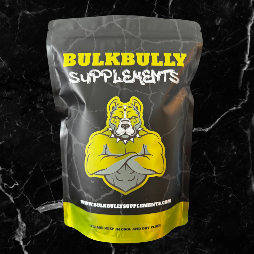 BulkBully Protein Coffee Vanilla Frost Bite pouch with muscular bulldog logo, ideal for fitness nutrition and protein supplement needs.