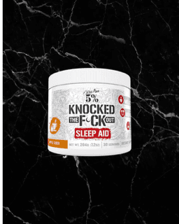 Apple Cider flavor of 5% Knocked The F*ck Out Sleep Aid by Rich Piana, herbal supplement with melatonin and GABA for restful sleep, 30 servings.