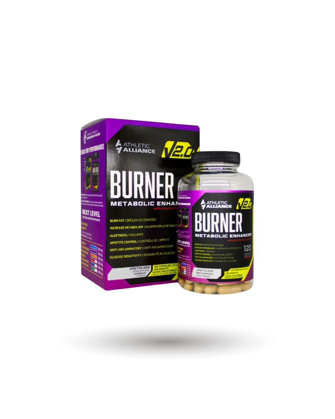 Athletic Alliance Burner Metabolic Enhancer Default Title supplement bottle and packaging for fat burning and energy support, 120 capsules.