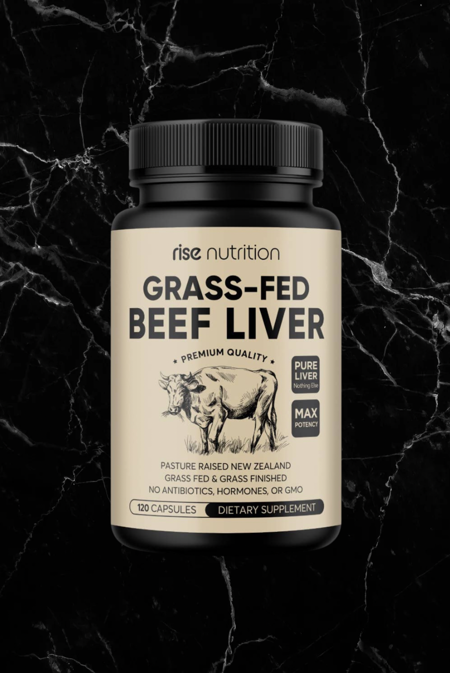 Front label of Grass Fed Beef Liver Capsules by Rise Nutrition, 120 capsules dietary supplement for energy support and vitality.