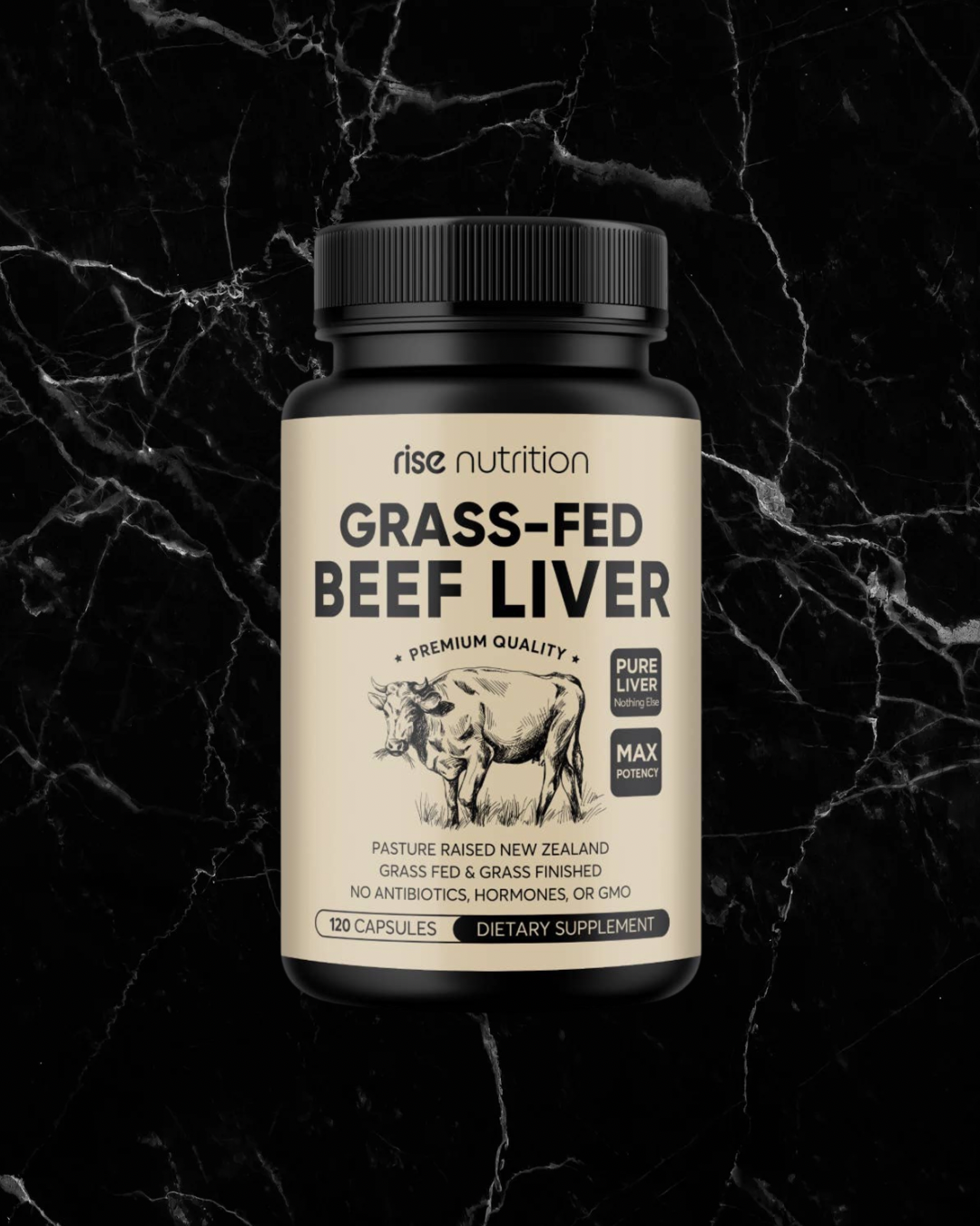 Front label of Grass Fed Beef Liver Capsules by Rise Nutrition, 120 capsules dietary supplement for energy support and vitality.