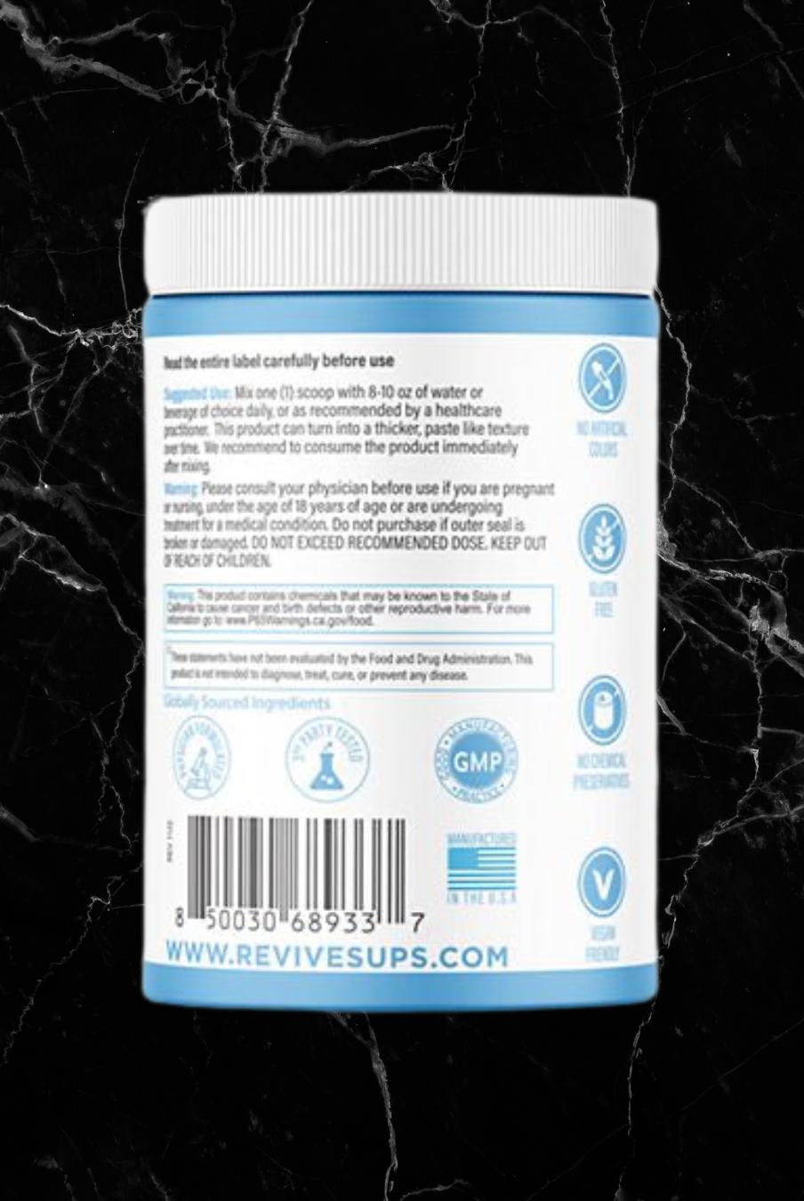 Back label of Revive Fiber Chocolate Supplement with usage instructions, certifications, and manufacturer details for digestive health support.
