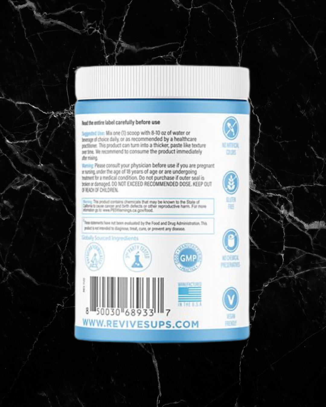 Back label of Revive Fiber Chocolate Supplement with usage instructions, certifications, and manufacturer details for digestive health support.