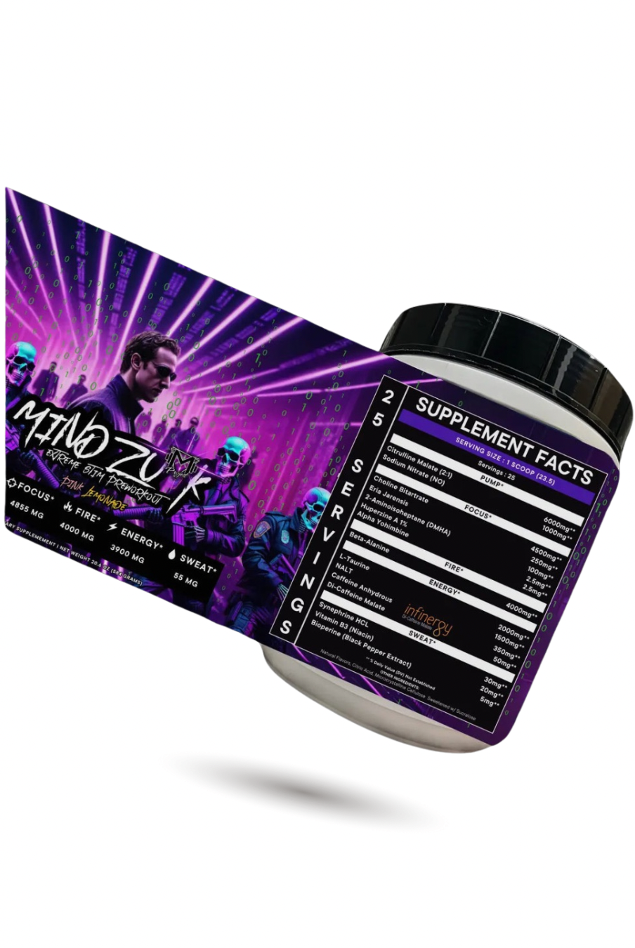 Mindfu*k Extreme Stim Pre-Workout by Project M in pink lemonade flavor with neon-themed label art and 25 servings. Designed for intense energy, focus, and pump.