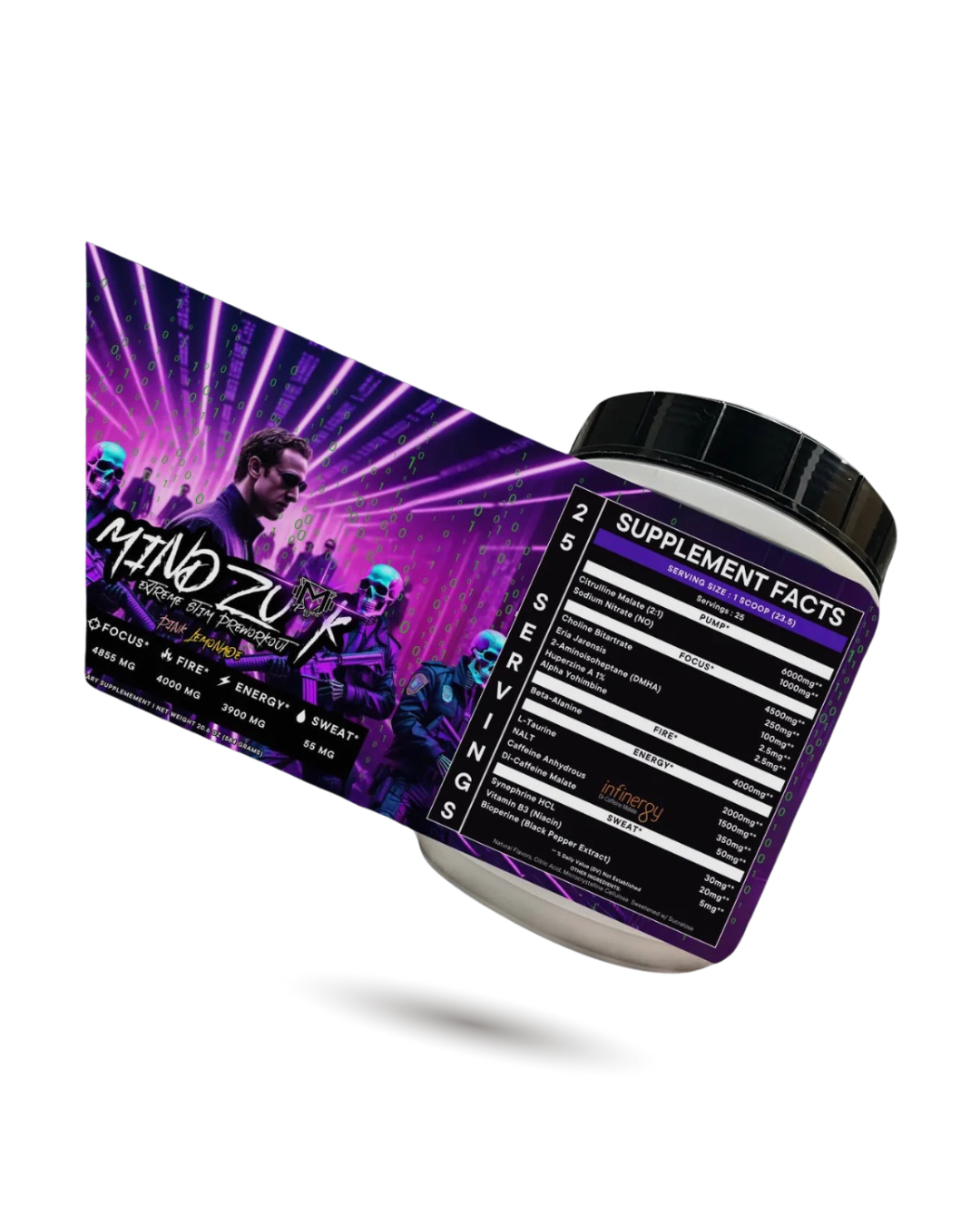 Mindfu*k Extreme Stim Pre-Workout by Project M in pink lemonade flavor with neon-themed label art and 25 servings. Designed for intense energy, focus, and pump.