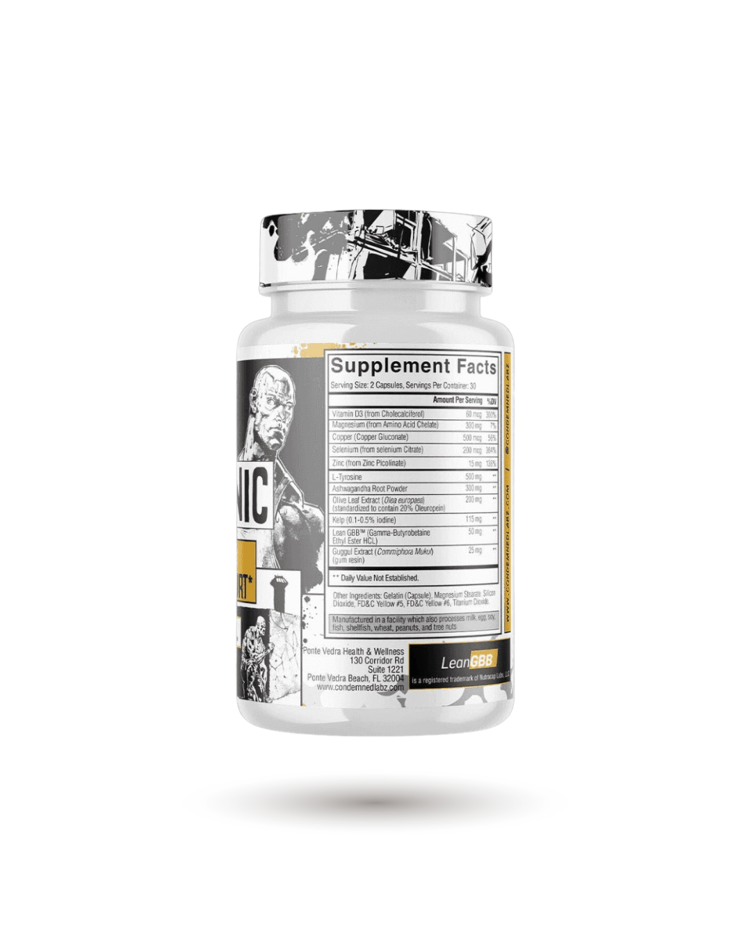 Back view of Thyrogenic supplement bottle showing detailed Supplement Facts label with vitamins, minerals, and thyroid-supporting ingredients.
