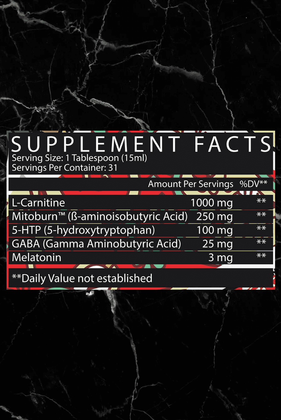 Supplement facts for 3MBER:SERUM PM - Night-Time Muscle Support | Metabolism Booster showing ingredients like L-Carnitine, GABA, and Melatonin.