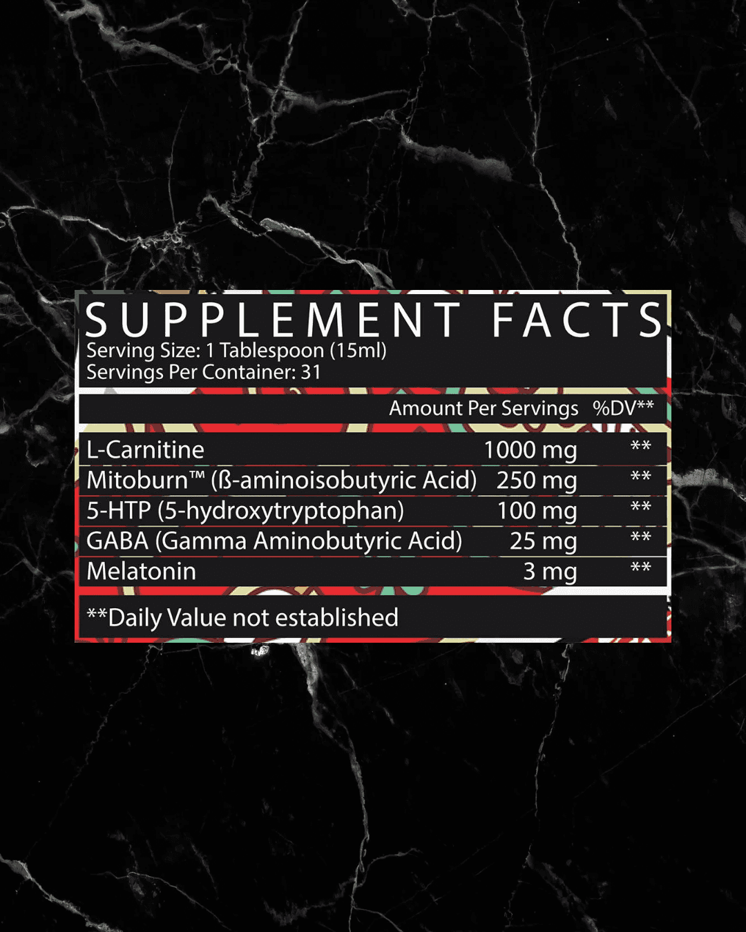 Supplement facts for 3MBER:SERUM PM - Night-Time Muscle Support | Metabolism Booster showing ingredients like L-Carnitine, GABA, and Melatonin.