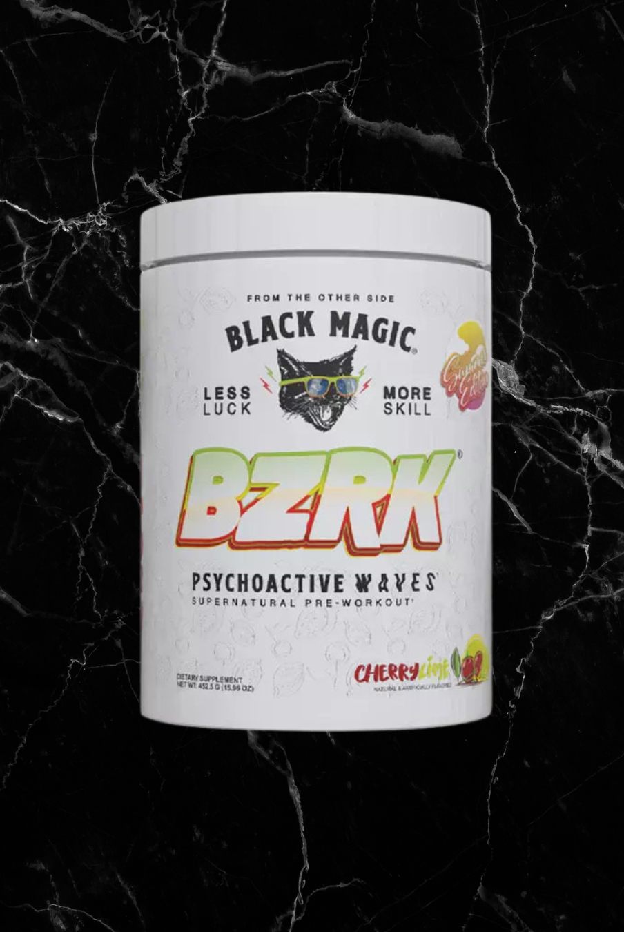 BZRK Cherry Lime Pre-Workout Supplement by Black Magic with bold label design, ideal for boosting energy and focus during workouts.