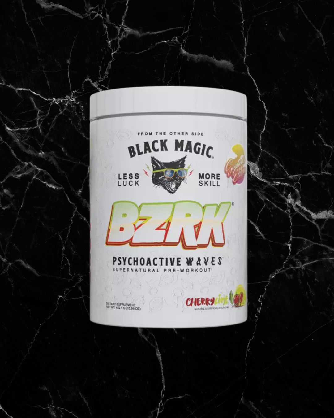 BZRK Cherry Lime Pre-Workout Supplement by Black Magic with bold label design, ideal for boosting energy and focus during workouts.