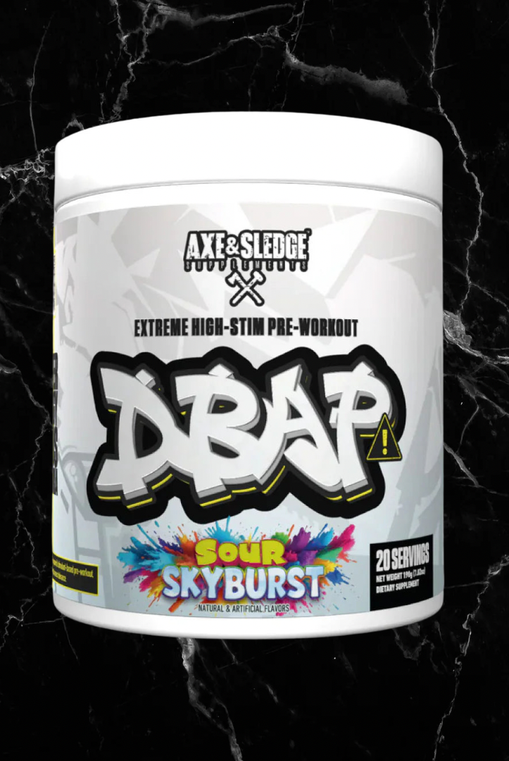 DBAP Pre Workout Sour Skyburst flavor by Axe & Sledge, extreme high-stim supplement with 550mg matrix for intense energy and focus.