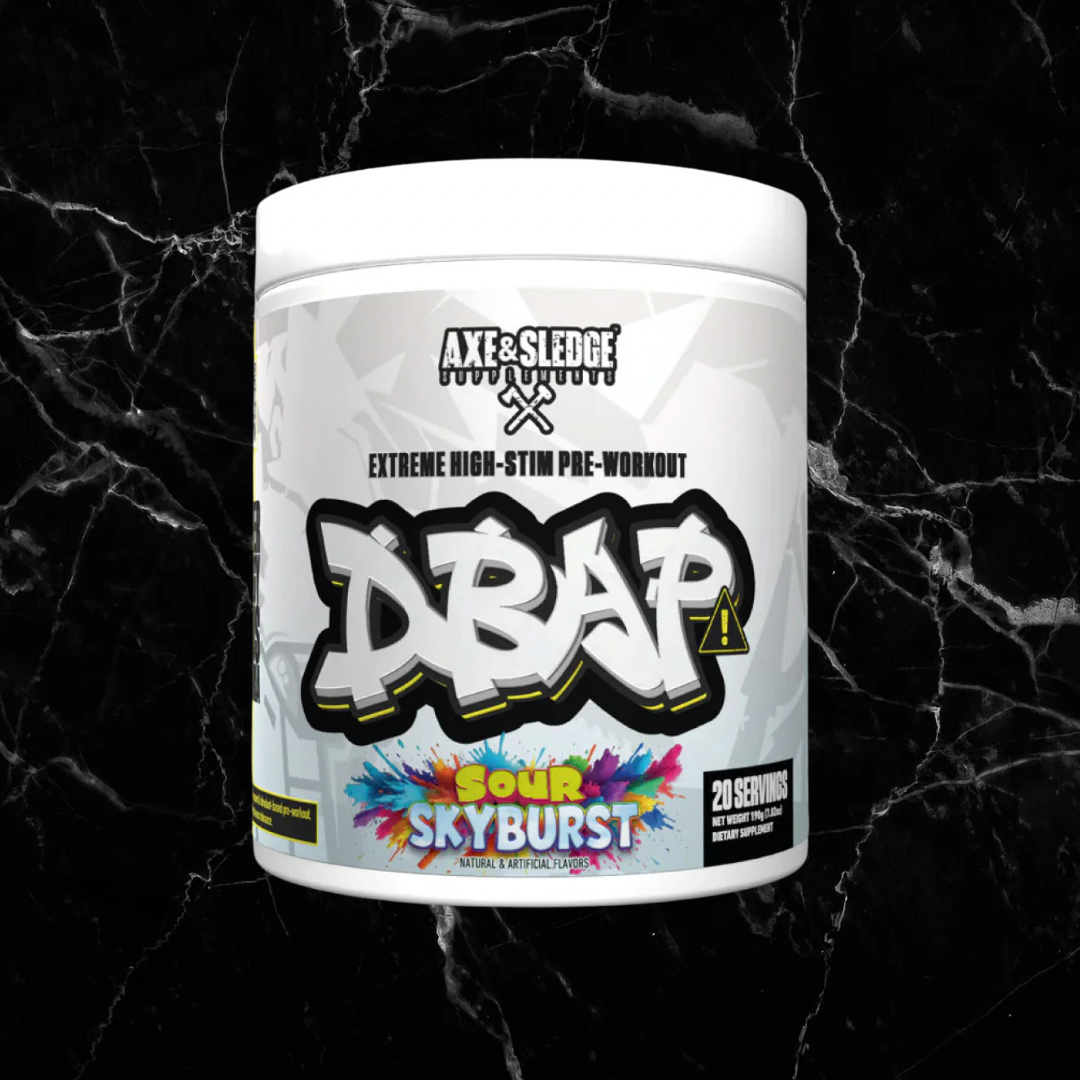 DBAP Pre Workout Sour Skyburst flavor by Axe & Sledge, extreme high-stim supplement with 550mg matrix for intense energy and focus.