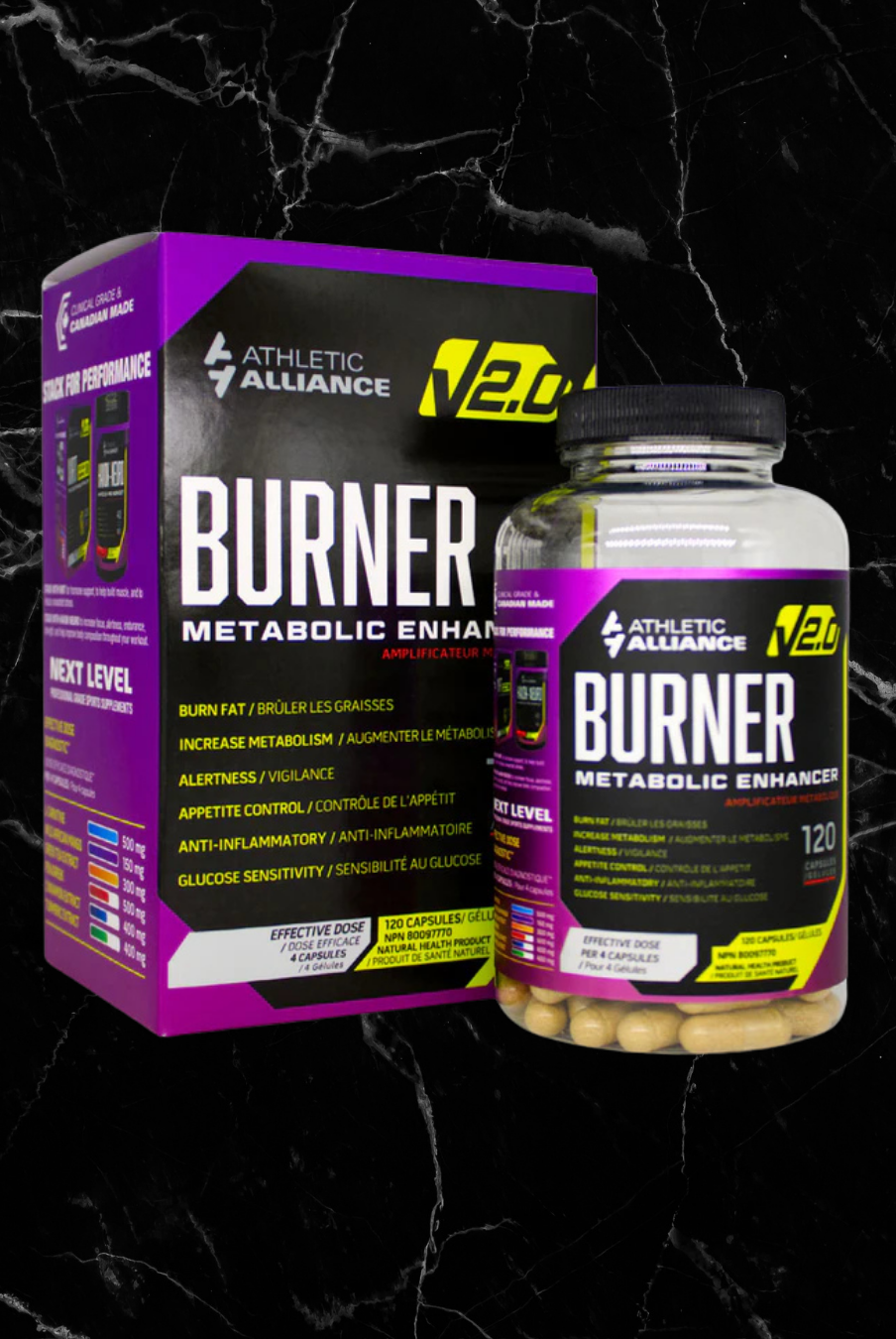 Athletic Alliance Burner Metabolic Enhancer bottle and box packaging for ft burner supplements. Supports metabolism and fat loss naturally.