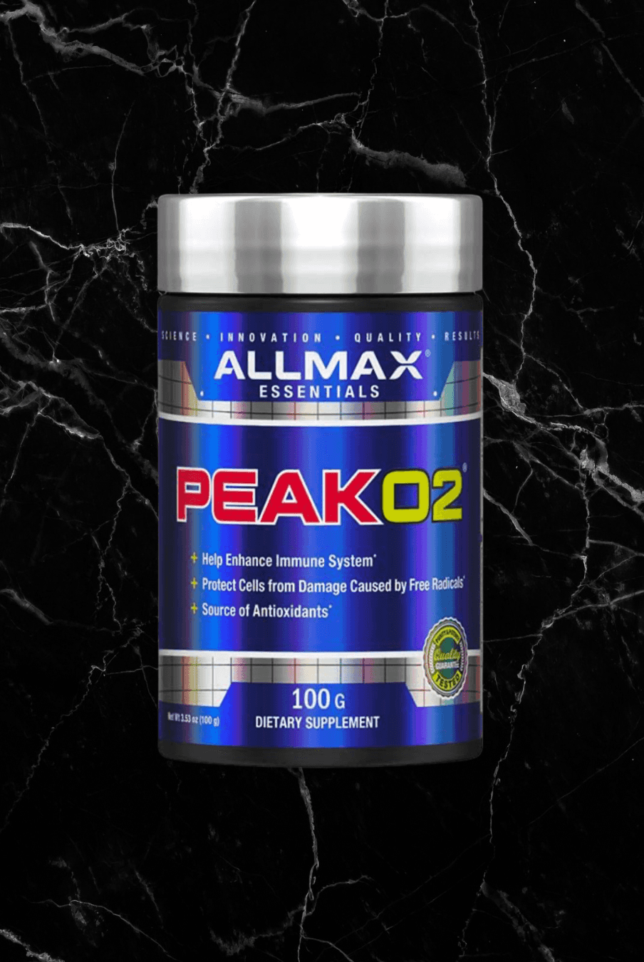 ALLMAX PeakO2 endurance mushroom blend supplement in 100g container. Supports immune health, antioxidant protection, and oxygen intake.