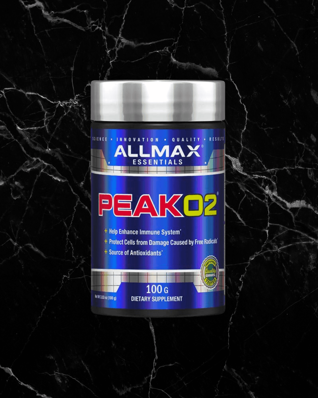 ALLMAX PeakO2 endurance mushroom blend supplement in 100g container. Supports immune health, antioxidant protection, and oxygen intake.