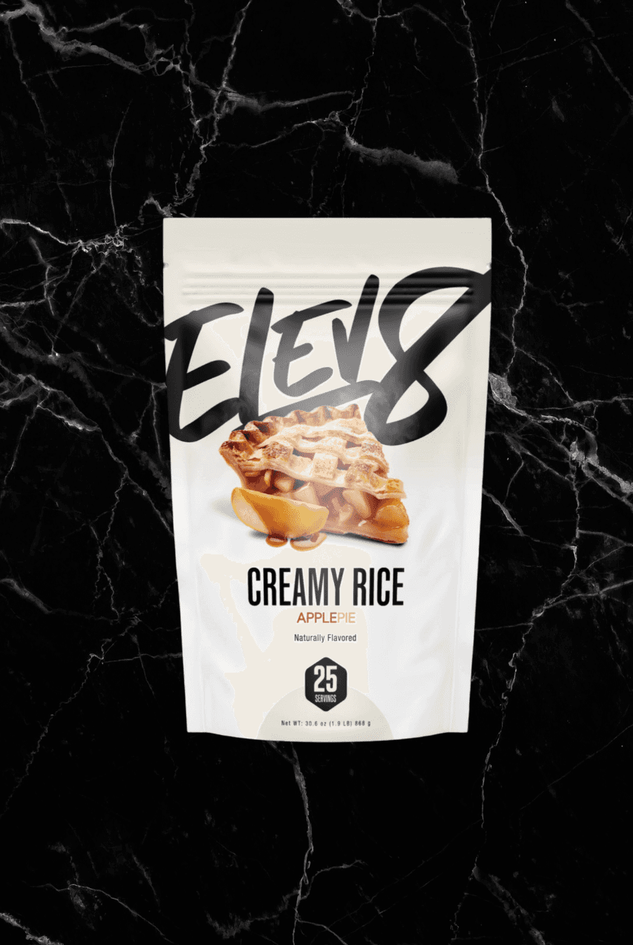 ELEV8 Creamy Rice Apple Pie flavor, naturally flavored energy snack with 25 servings, perfect for breakfast or post-workout fuel.