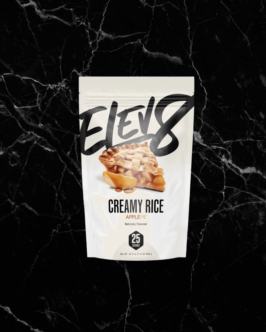 ELEV8 Creamy Rice Apple Pie flavor, naturally flavored energy snack with 25 servings, perfect for breakfast or post-workout fuel.