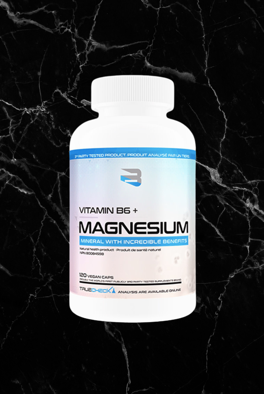 Believe Supplements - Magnesium with Vitamin B6 bottle featuring 120 vegan capsules for muscle and enzyme support in fitness and nutrition routines.