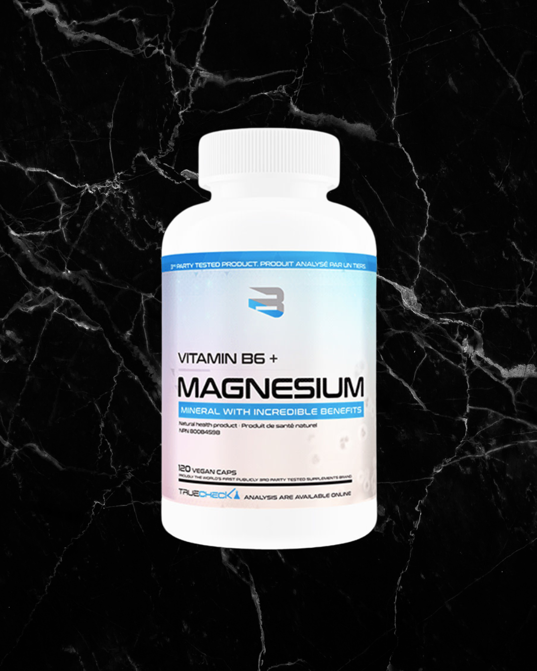 Believe Supplements - Magnesium with Vitamin B6 bottle featuring 120 vegan capsules for muscle and enzyme support in fitness and nutrition routines.