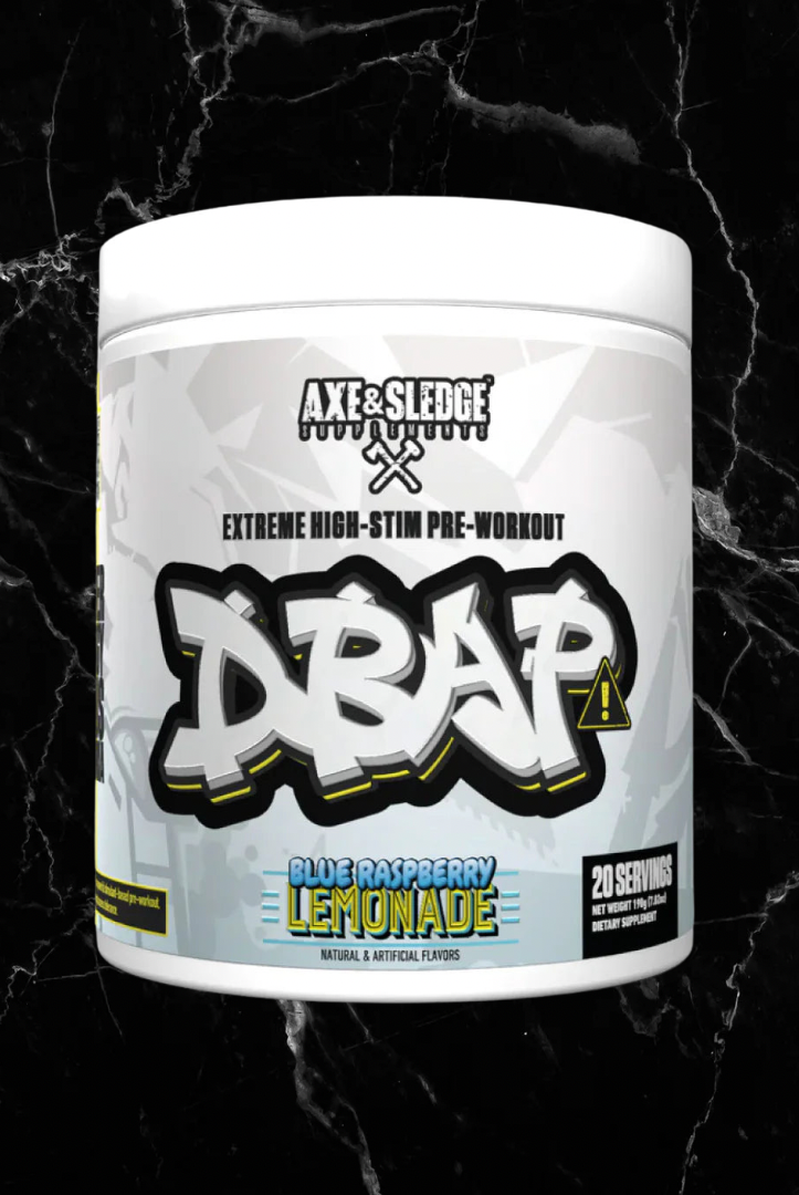 DBAP Pre Workout Blue Raspberry Lemonade flavor by Axe & Sledge, high-stim energy booster with beta alanine and caffeine, 20 servings.