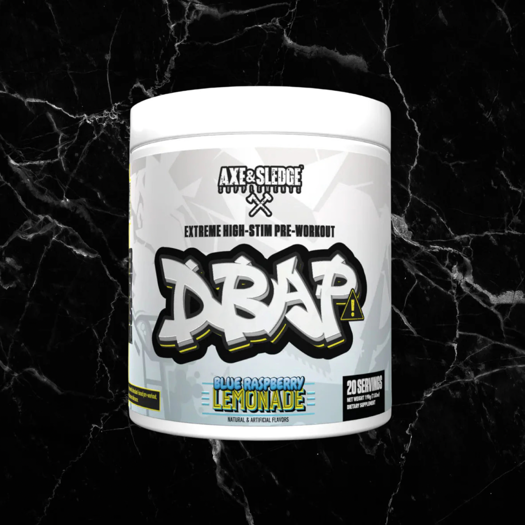DBAP Pre Workout Blue Raspberry Lemonade flavor by Axe & Sledge, high-stim energy booster with beta alanine and caffeine, 20 servings.