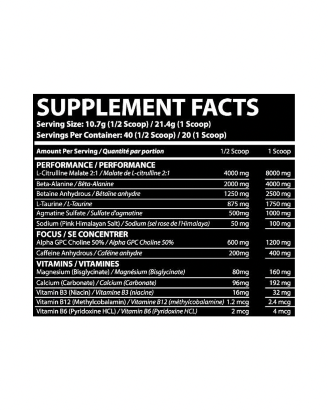 Supplement facts label for APE-X Pre Workout - Advanced Supplement showing ingredients like L-Citrulline, Beta-Alanine, and Caffeine.